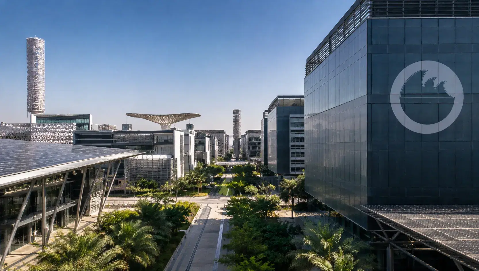 Masdar City, Abu Dhabi, with the Wave mark on a building facade
